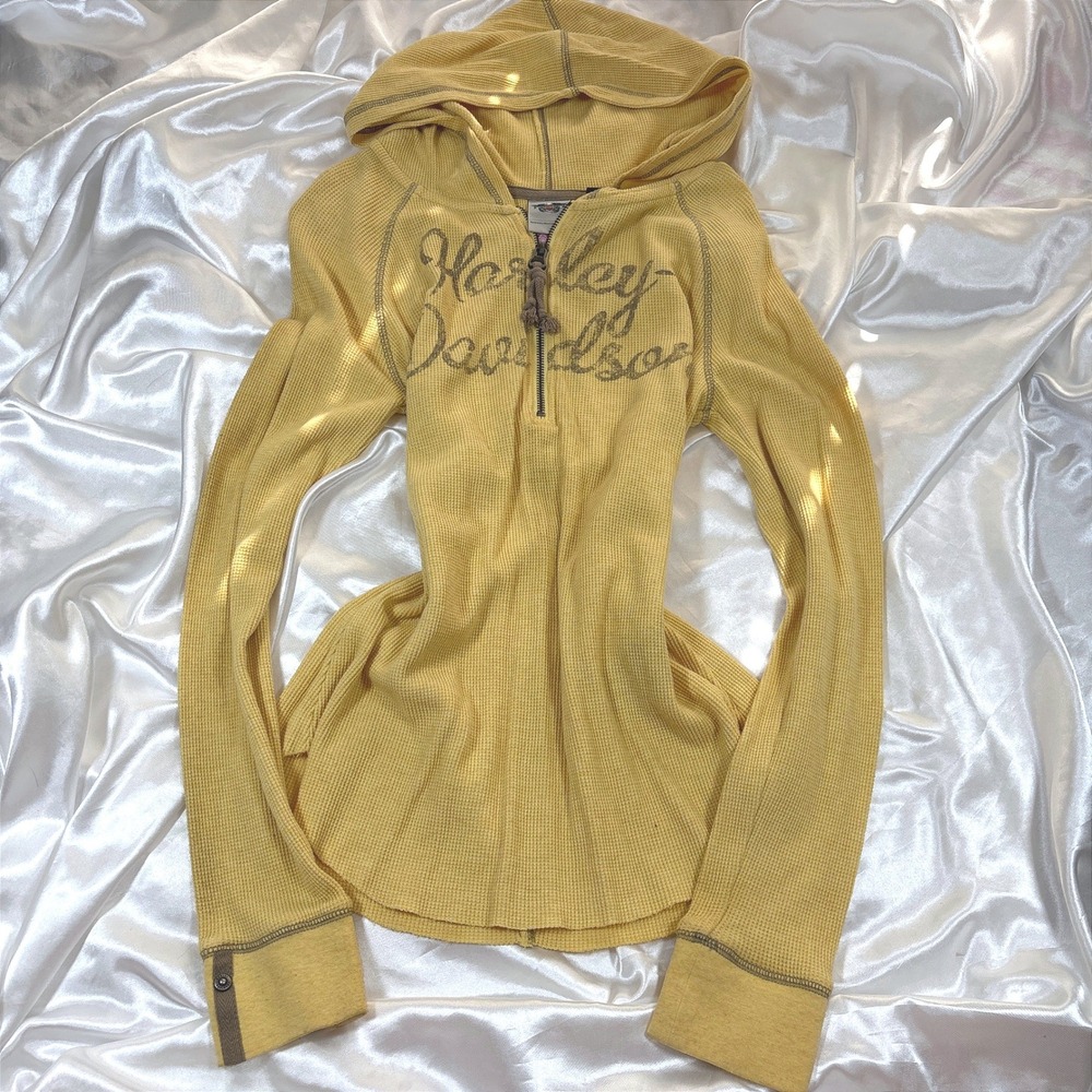 y2k Harley Davidson Hoodie Yellow Excellent Waffle Knit Quarter Zip Thermal